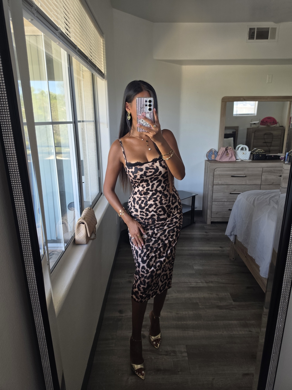 Leopard Print Slip Midi Dress - Nude/Black Very Stretchy - Picture 7 of 17
